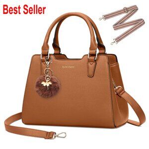 PU Vegan Leather Satchel Purse with Removable Pompom Top-Handle Tote